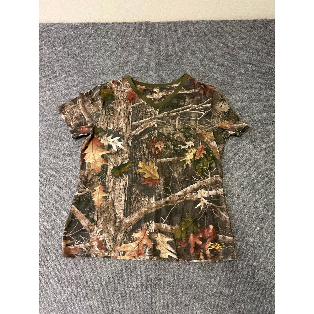 SHE T-Shirt Womens Size S Brown Camo V-Neck Short Sleeve Hunting Outdoor Top